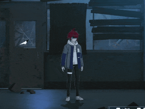 a cartoon character is running in a dark room with a broken window