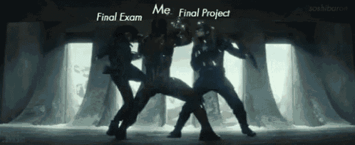 a group of men are fighting in a dark room and the words final exam and final project are on the screen .