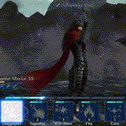 a screenshot of a video game shows a character with a red cape and a sword