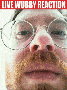 a man with glasses and a beard has the words live wubby reaction on the bottom