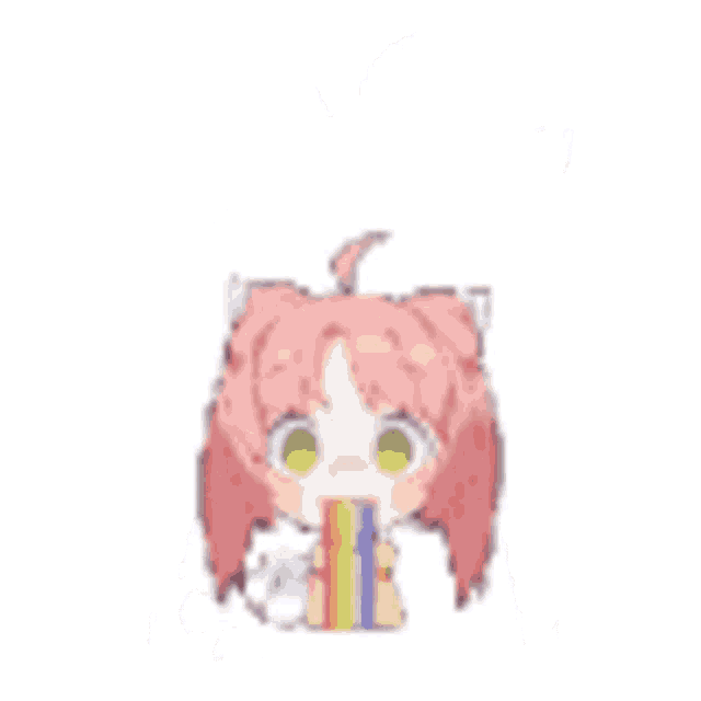 a little girl with a cat ear is drinking from a rainbow colored cup .