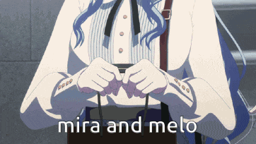 a girl with blue hair is holding a purse and the words mira and melo are visible