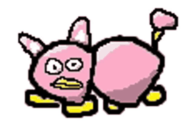 a pixel art drawing of a pink cat with a yellow tail .