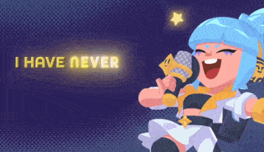 a cartoon girl singing into a microphone with the words " i have never " above her