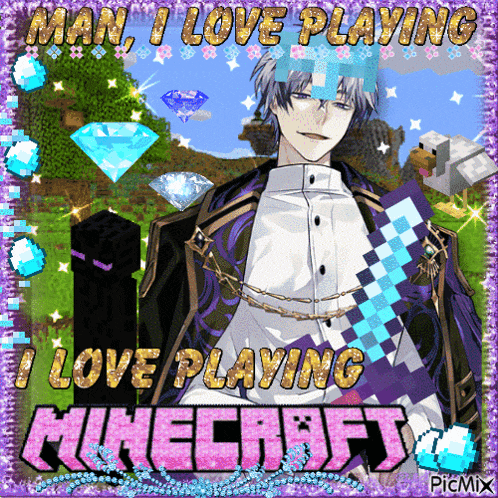 a picture of a man holding a diamond sword with the words man i love playing minecraft
