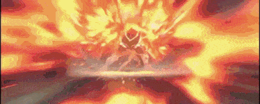 a cartoon character is surrounded by a huge explosion of fire .