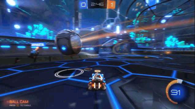 a rocket league game is being played with 2:46 left on the clock