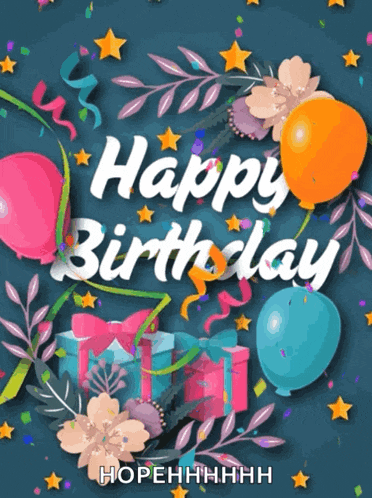 a happy birthday card with balloons flowers and confetti