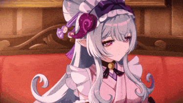 a girl with long white hair and purple eyes is wearing a purple hat
