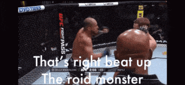 a screenshot of a ufc fight with the words that 's right beat up the roid monster at the bottom