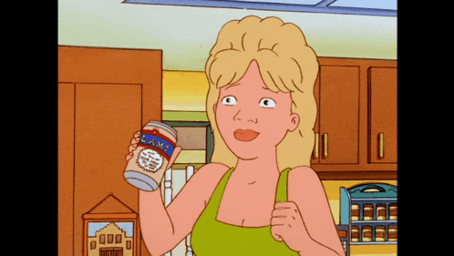 a cartoon woman is holding a jar that says lamb