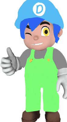 a cartoon character wearing green overalls and a blue hat with the letter d on it gives a thumbs up