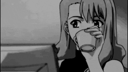 a black and white drawing of a girl drinking a cup of coffee .