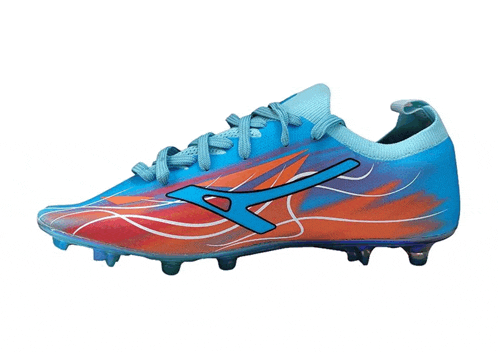 a pair of blue and orange soccer cleats with a blue a on the side
