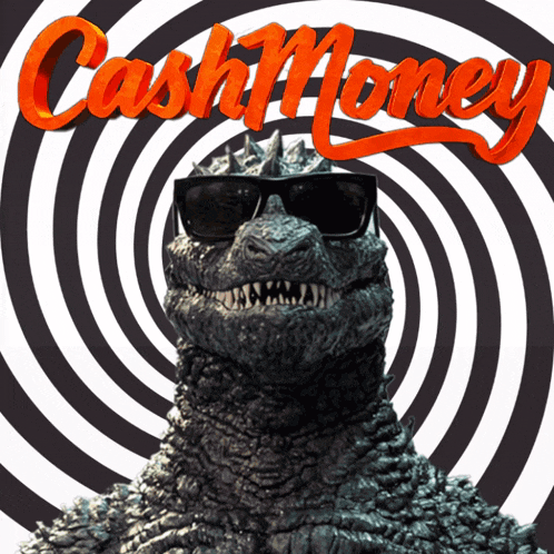 a picture of a monster wearing sunglasses with the words cash money behind it