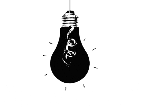 a black and white drawing of a light bulb hanging from a rope on a white background .