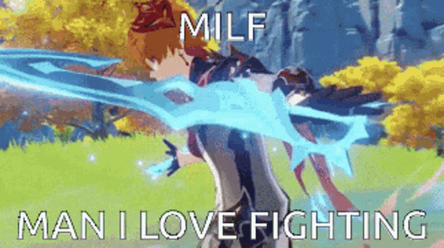 a cartoon of a man holding a sword and the words `` milf man i love fighting ''