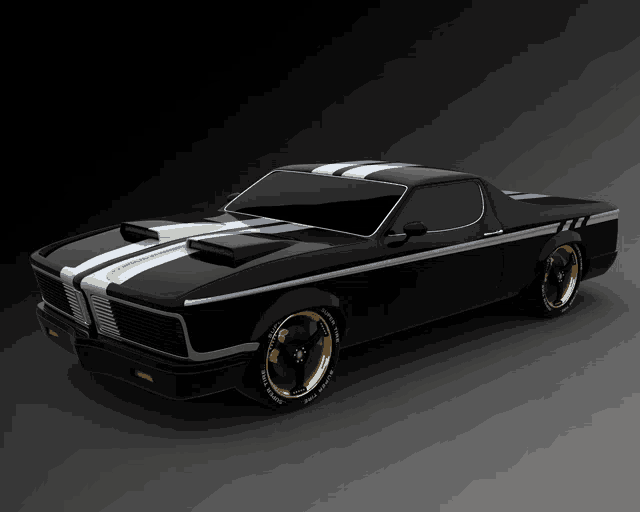 a black and white muscle car with michelin tires on a dark background