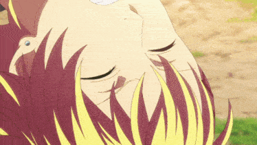 a close up of a person 's face with red hair and yellow highlights