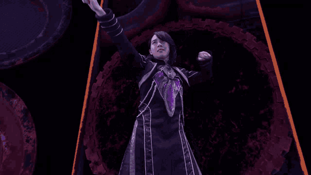 a man in a purple and black outfit is dancing in a dark room