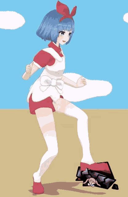 a girl with blue hair and a red bow on her head is standing on one leg