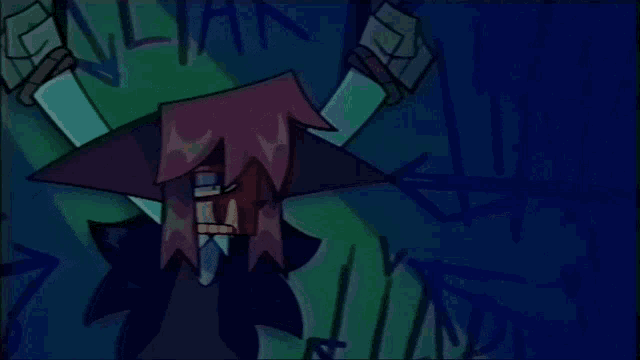 a cartoon character is standing in front of a wall with arrows pointing in different directions