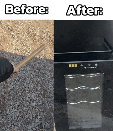 a before and after photo of a person holding a stick and a fridge that says 888