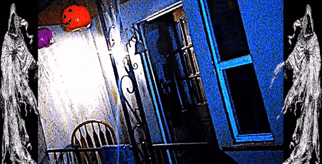 two ghosts are standing in front of a house with a pumpkin on the porch
