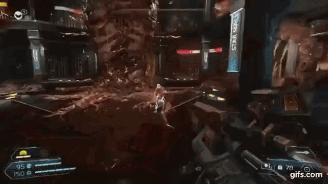 a skeleton is being attacked by a monster in a video game with a lot of blood coming out of it .