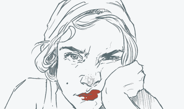a drawing of a woman with red lips and the words " what " written on it