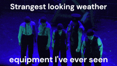 a group of men standing on a stage with the words " strangest looking weather equipment i 've ever seen "
