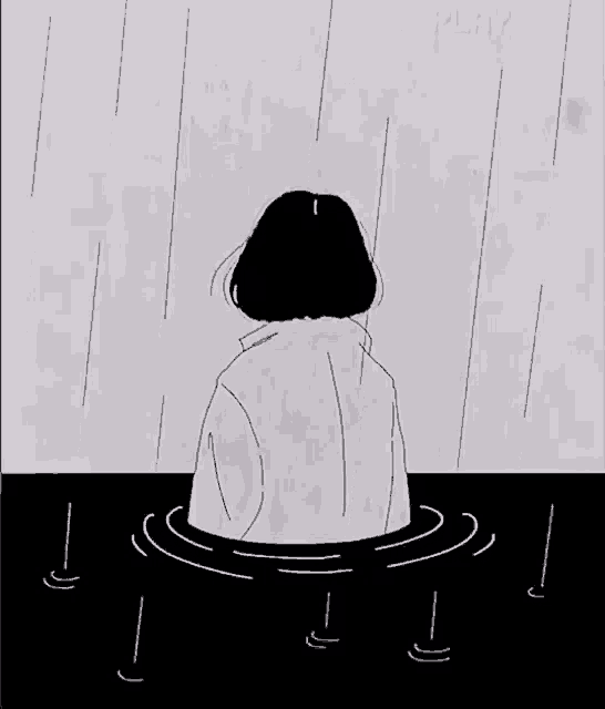 a black and white drawing of a girl sitting in the water in the rain .