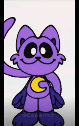 a drawing of a purple cat with a yellow crescent moon on its chest