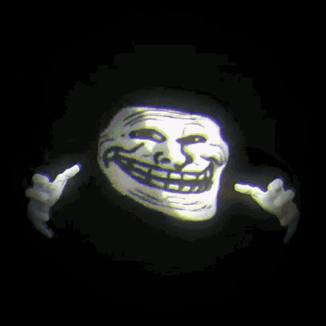 a troll face is being projected on a black background with a glitch effect .