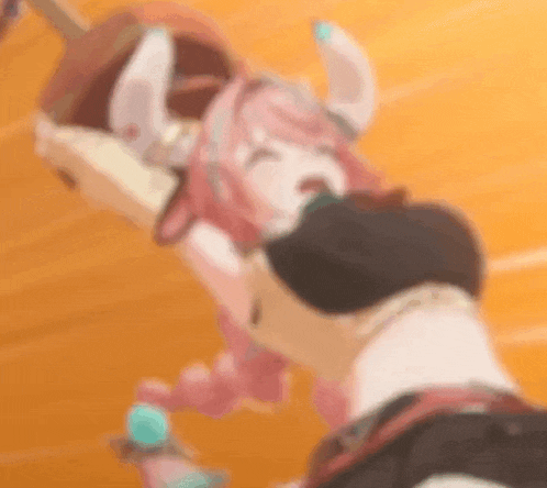 a blurred image of a girl with pink hair and horns holding a sword .