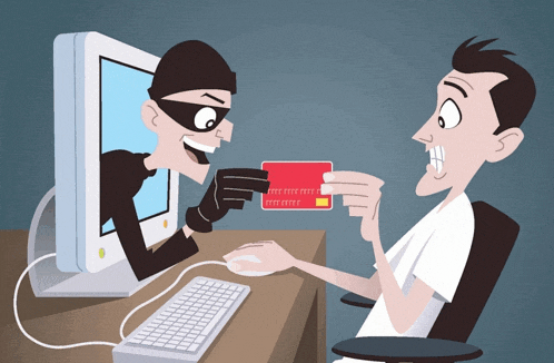 a cartoon illustration of a man holding a credit card and a thief coming out of a computer screen