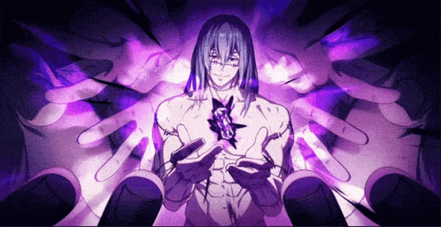 a drawing of a man with a star on his chest surrounded by purple hands