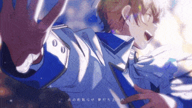 a man in a blue and white uniform is reaching out towards something