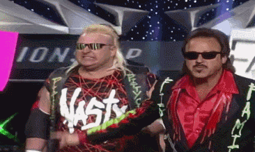 two men wearing sunglasses and a vest that says nasty