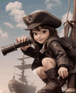 a little girl wearing a pirate hat looks through a telescope