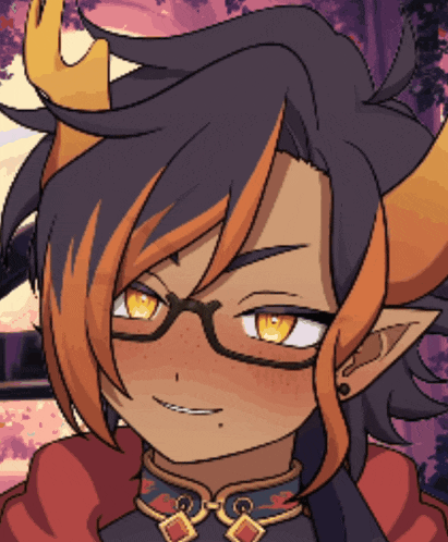 a cartoon character with horns and glasses has a purple background