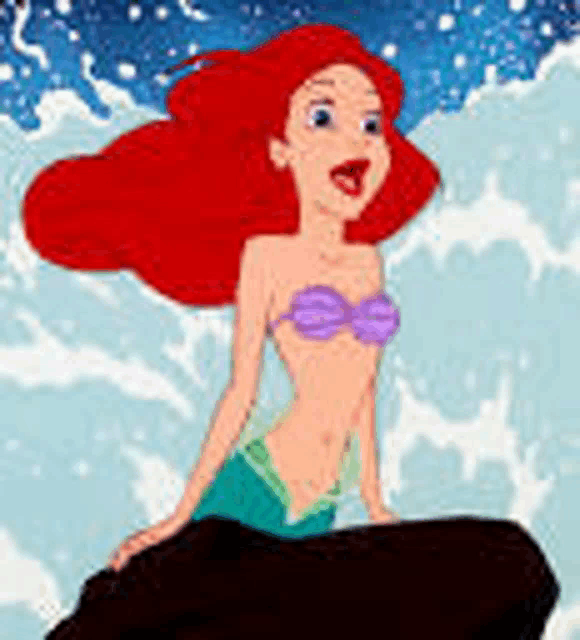 ariel from the little mermaid is sitting on top of a rock in the ocean .