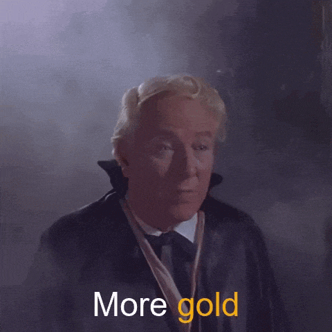 a man in a black coat says more gold in yellow letters
