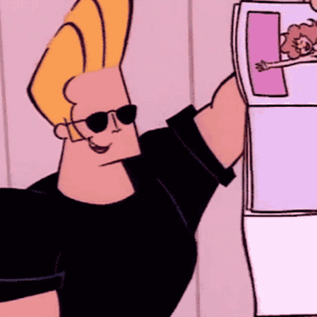 a cartoon character wearing sunglasses is holding up a picture of a woman