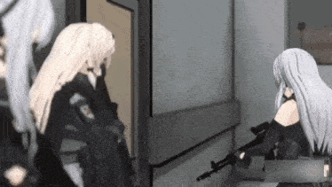 a group of anime characters are standing next to each other in a room with guns .