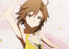 a girl with short brown hair and a yellow dress is dancing .