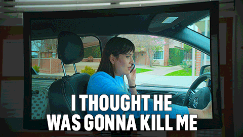 a woman in a car talking on a cell phone with the caption i thought he was going to kill me