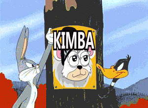bugs bunny and daffy duck looking at a sign that says kimba