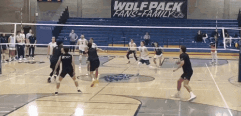 a group of people are playing volleyball in front of a sign that says wolf pack fans family
