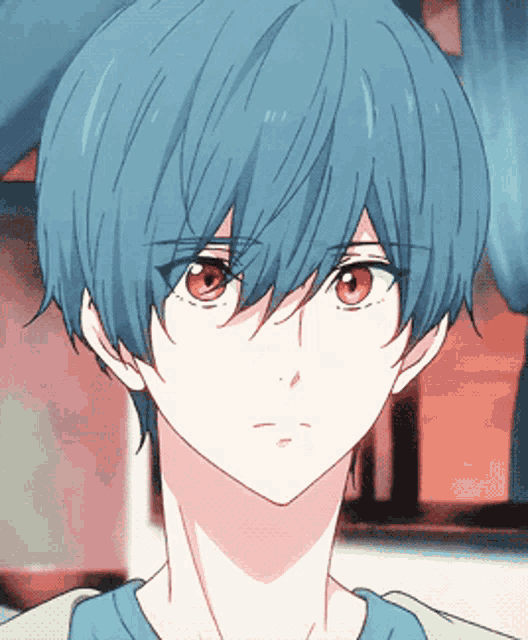 a close up of a person 's face with red eyes and blue hair